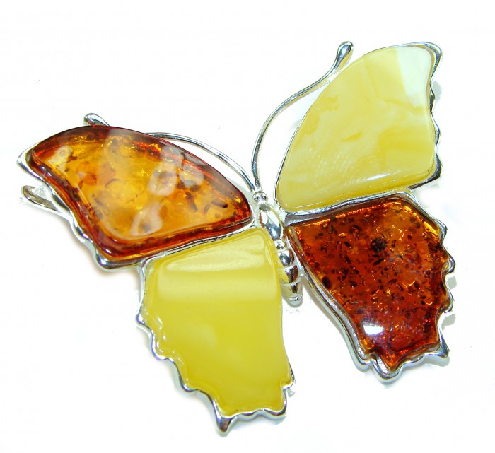 Golden Butterfly BUTTERSCOTCH Baltic Polish Amber .925 Sterling Silver handcrafted Pendant / Brooch - Butterfly amber pendant, top view, featuring butterscotch and golden hues.