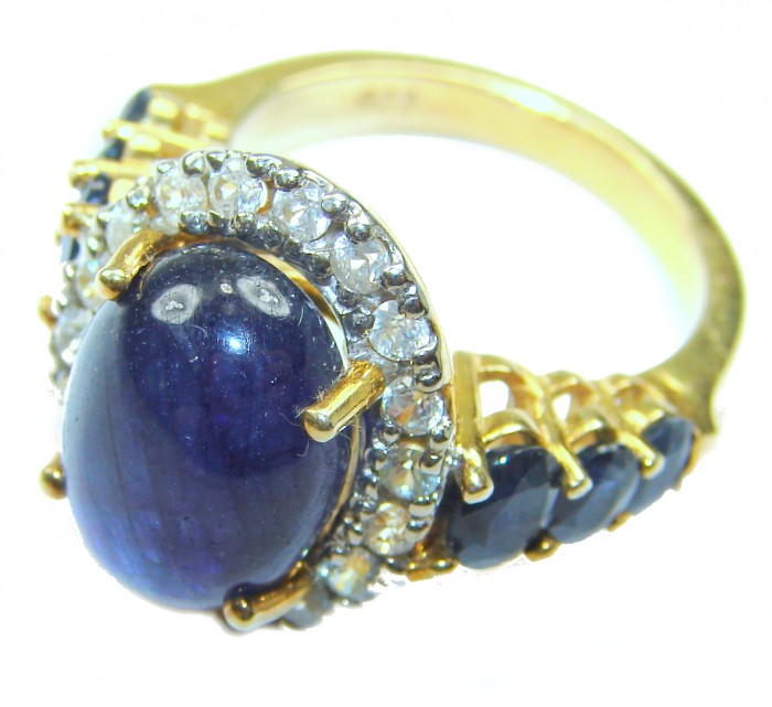 Vintage Style 10.2 carat natural Sapphire 22K Gold over .925 Sterling Silver Perfectly handcrafted Ring s. 7 1/4 - Side view of vintage-style sapphire ring with diamond accents