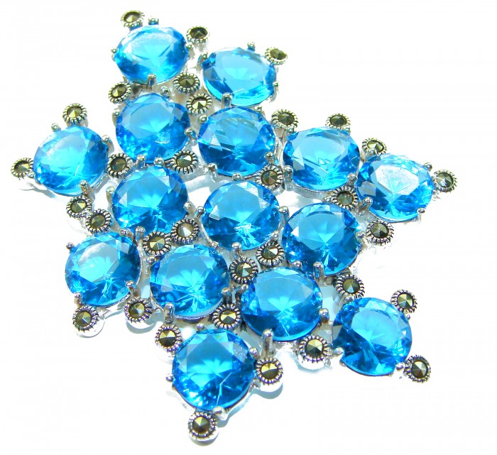 Blue Galaxy Authentic 45.5 carat Swiss Blue Topaz .925 Sterling Silver DIPPED IN RHODIUM handmade LARGE Pendant - Brooch - Top-down view of Blue Galaxy Swiss Blue Topaz jewelry stones.