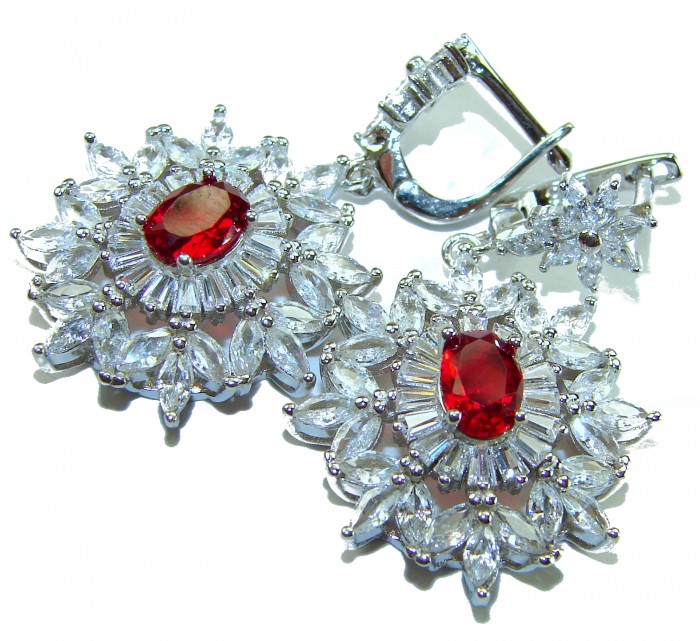 Magnificent Jewel 8.5 carat Ruby .925 Sterling Silver handcrafted incredible earrings - Close-up of ruby and cubic zirconia earrings in sterling silver settings