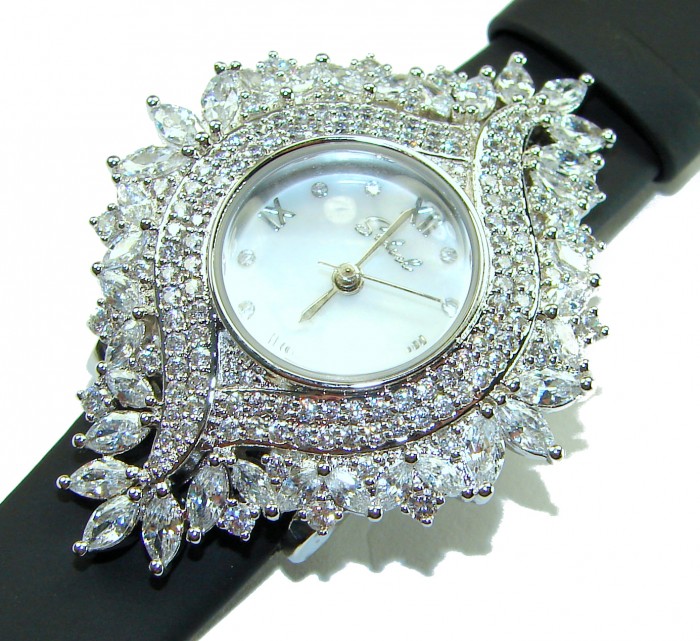 Precious 22.5 carat Authentic White Topaz Genuine Leather strap .925 Sterling Silver handmade Watch - Elegant white topaz watch with leather strap, top view angle.