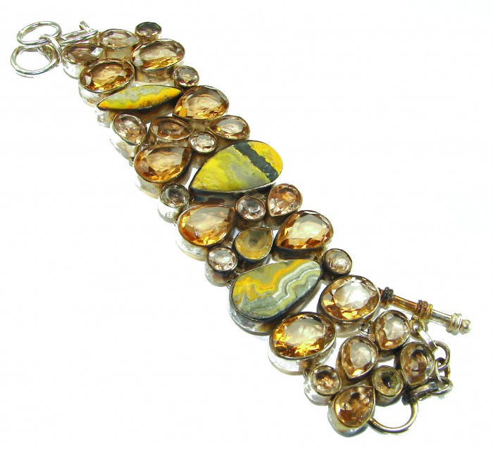 Rare! Genuine Volcanic Bumble Bee Jasper .925 Sterling Silver handcrafted Statement Bracelet - Bracelet top view with volcanic bumble bee jasper stones.