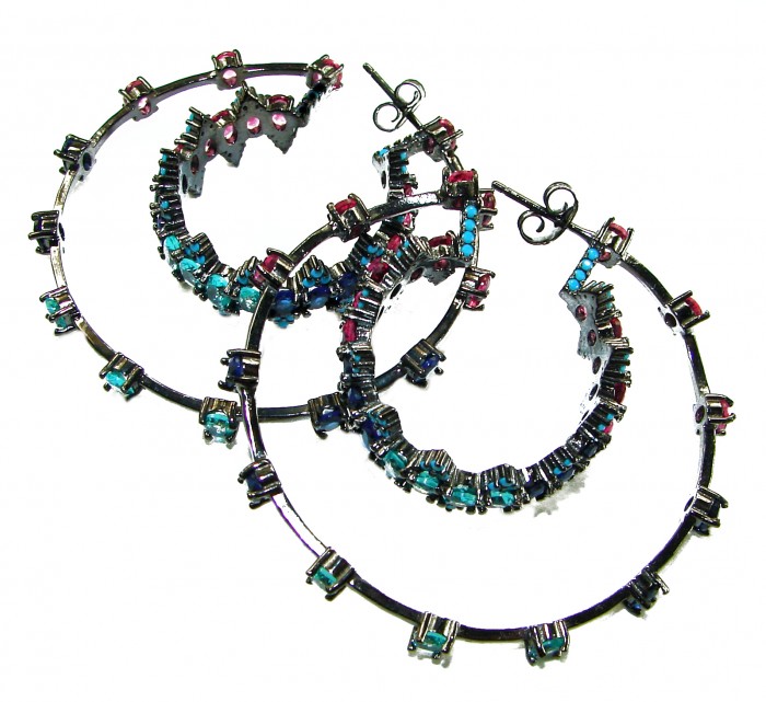 Extravaganza authentic 18.5 carat Pink Tourmaline black rhodium over .925 Sterling Silver Handcrafted Large Hoop Earrings - Hoop earrings with pink tourmaline, black rhodium, and stones, top view.