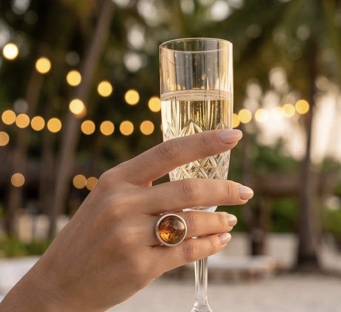 Real Legent Authentic Baltic Amber .925 Sterling Silver handcrafted ring; s. 8 - Hand holding champagne glass, showcasing amber ring in focus