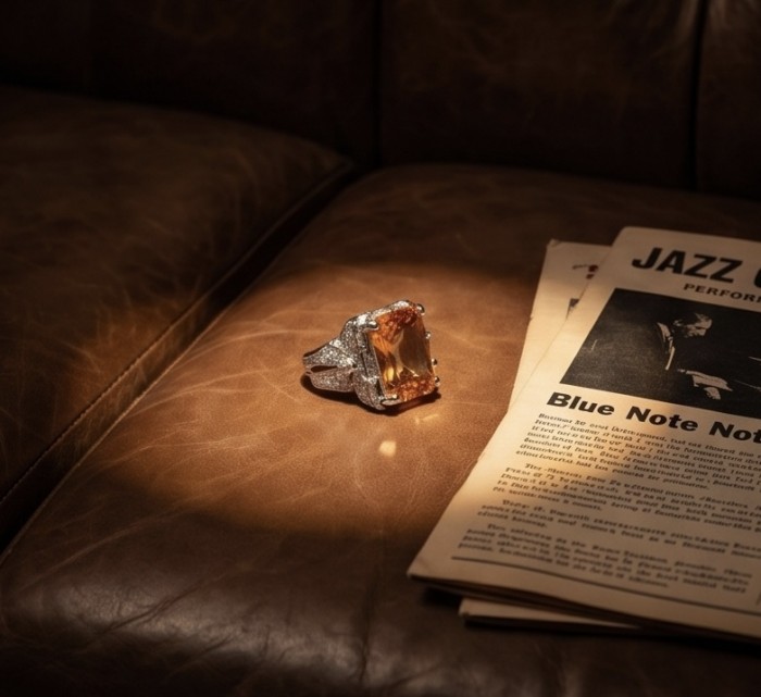 Authentic 10.4 carat Golden Topaz .925 Sterling Silver brilliantly handcrafted Statement Ring size 7 1/2 - Golden Topaz ring on leather, side view with jazz magazine in background.