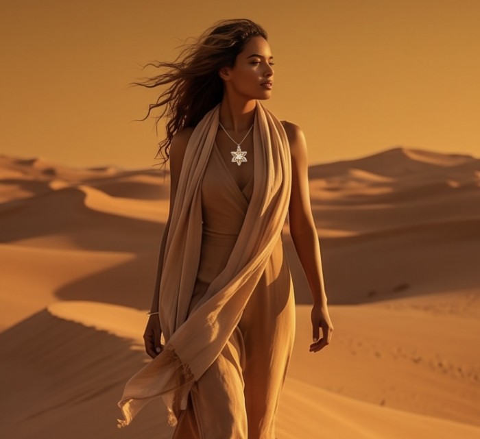 Vivien Luxurious Style - Natural 8.2 carat Citrine .925 Sterling Silver dipped in Rhodium handmade pendant - Woman wearing Vivien Citrine Pendant in desert setting.