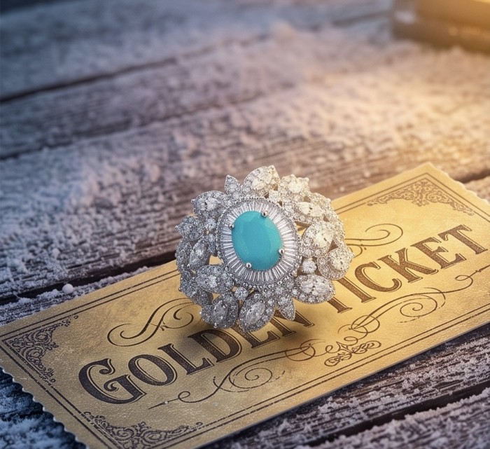 Elizabeth 2.8 carat Colombian Emerald 12.2 carat Moissanite .925 Sterling Silver dipped in Rhodium handcrafted Ring size 9 1/4 - Elegant ring with turquoise and diamonds on a "Golden Ticket" background.