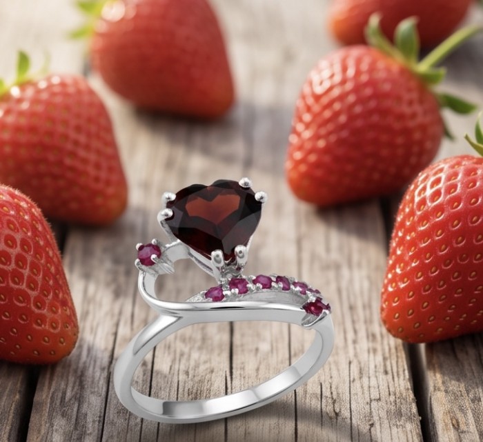 Red Heart 4.8 carat natural Garnet rhodium over .925 Sterling Silver Handcrafted Ring size 7 - Red heart garnet ring with strawberries, side view.