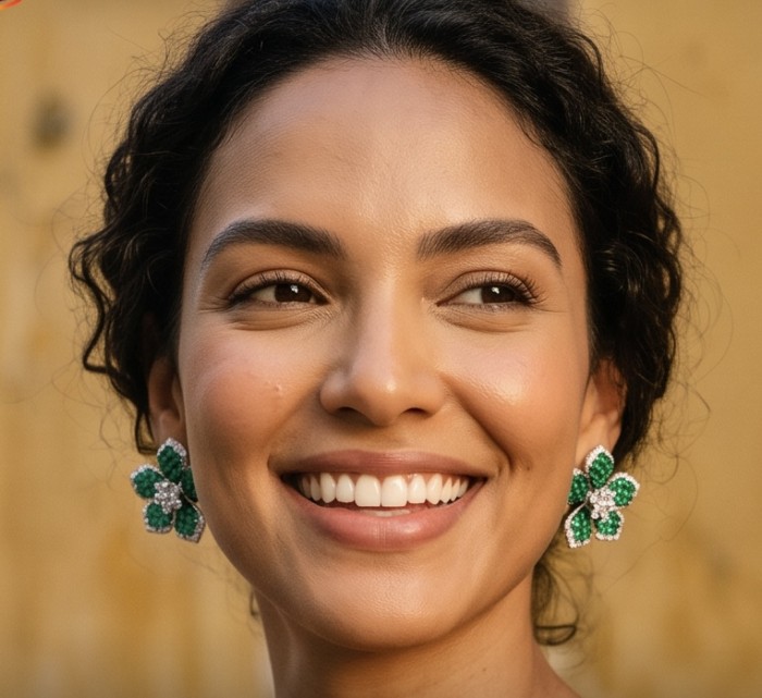 Born to Glam authentic 18.7 carat mystery setting Colombian Emerald .925 Sterling Silver handcrafted Statement earrings - Woman wearing green flower earrings, close-up view.