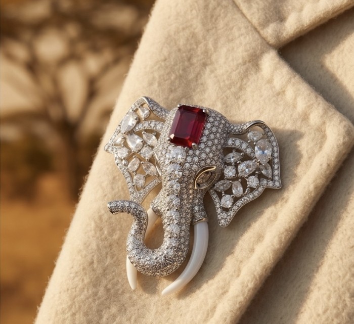 Attract YOUR Luck - ELEPHANT- 5.2 CARAT Ruby .925 Sterling Silver dipped in rhodium handcrafted Pendant Brooch - Elephant-shaped brooch with ruby detail, worn on beige fabric