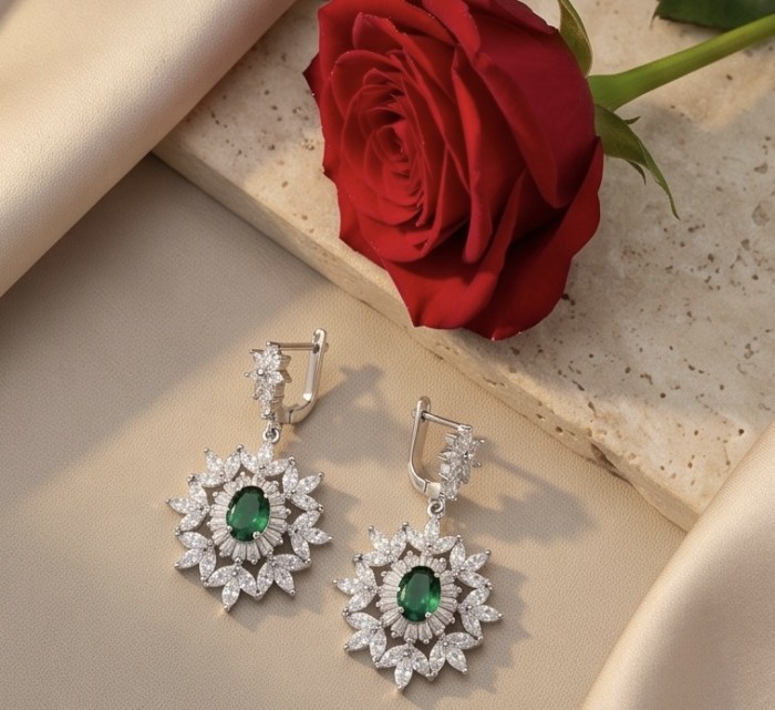 Ofelia - Authentic 5.5 CARAT natural Colombian Emerald .925 Sterling Silver handcrafted earrings - Emerald earrings with rose, top view, satin and stone background