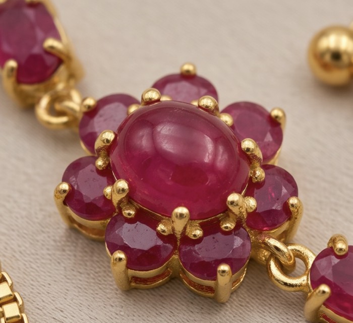 Bella Rosa - 29.4 carat authentic Mozambique Ruby .925 Sterling Silver dipped in 22K Gold handcrafted Bracelet - Close-up of Bella Rosa Mozambique Ruby with gold accents