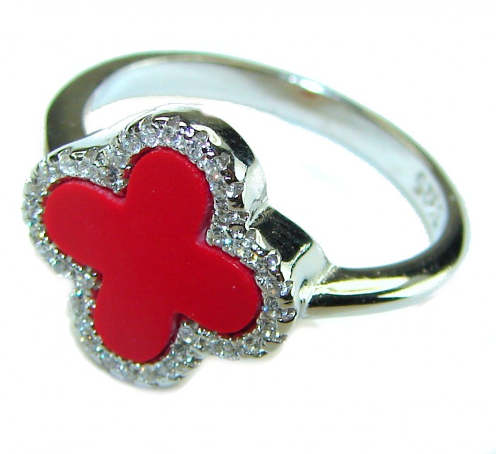 A four-leaf clover Coral .925 Sterling Silver handcrafted ring s. 8 - photo 1