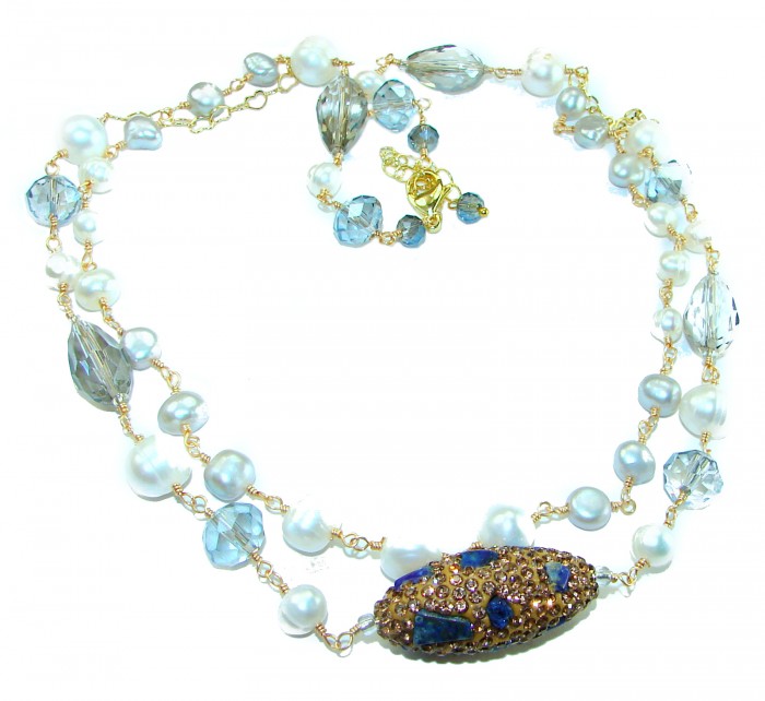 Precious genuine Mother of Pearl London Blue Topaz .925 Sterling Silver handcrafted Necklace - photo 3
