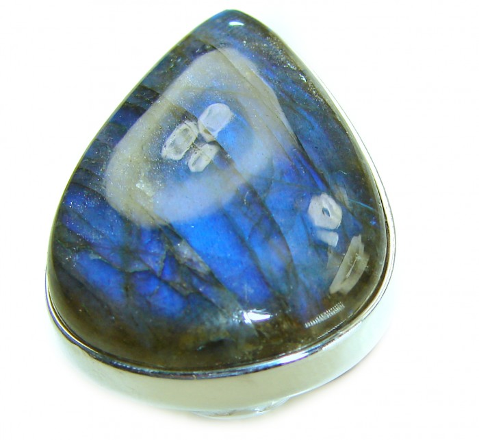 Shimmering Natural Labradorite .925 Sterling Silver handcrafted Large ring size 7 adjustable - Close-up of shimmering labradorite in sterling silver setting.