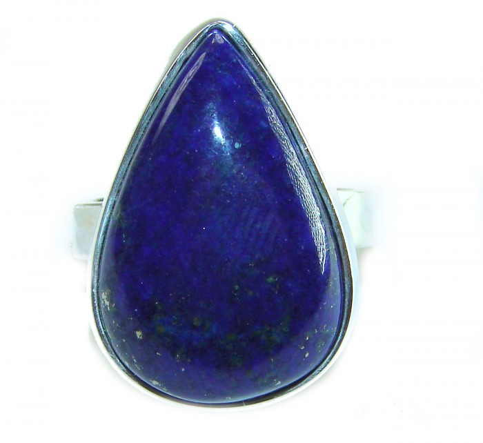 Natural 20.8 carat Lapis Lazuli .925 Sterling Silver handcrafted ring size 7 adjustable - Close-up of teardrop-shaped Lapis Lazuli ring in sterling silver.