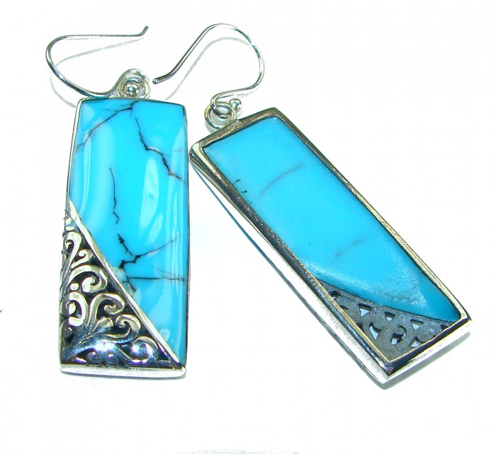 Spectacular Blue inlay Turquoise .925 Sterling Silver handcrafted Earrings - Close-up of blue turquoise inlay sterling silver earrings.