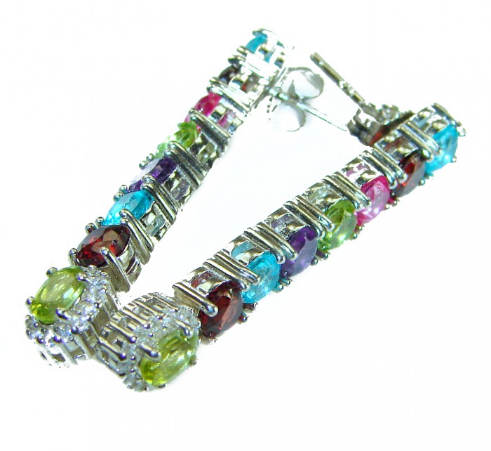 Fiesta Authentic 9.5 carat Multigem .925 Sterling Silver brilliantly handcrafted earrings - Multigem dangle earrings side view with sterling silver setting