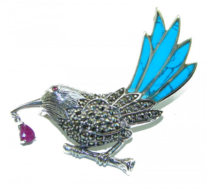 Blue Bird genuine INLAY Turquoise Marcasite .925 Sterling Silver handmade Brooch - Blue bird pin with turquoise and marcasite, side view, sterling silver