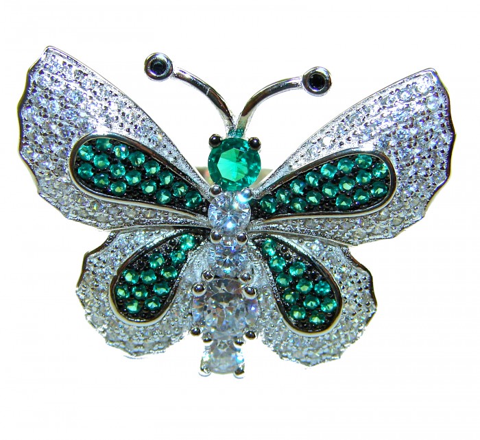 Precious Butterfly Genuine 10.5 carat Emerald .925 Sterling Silver handmade Statement Ring size 6 1/4 - Close-up of butterfly brooch with emerald and sterling silver details.