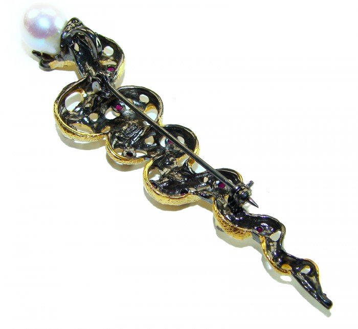 Golden Boa Snake 12.5 carat Ruby 14K Gold over .925 Sterling Silver handcrafted Pendant Brooch - Back view of boa snake brooch with clasp detail and pearl accent
