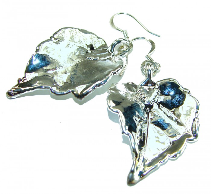 Real Japanese Maple Leaves .925 Sterling Silver and real Gold earrings - Sterling silver Japanese maple leaf earrings, close-up view