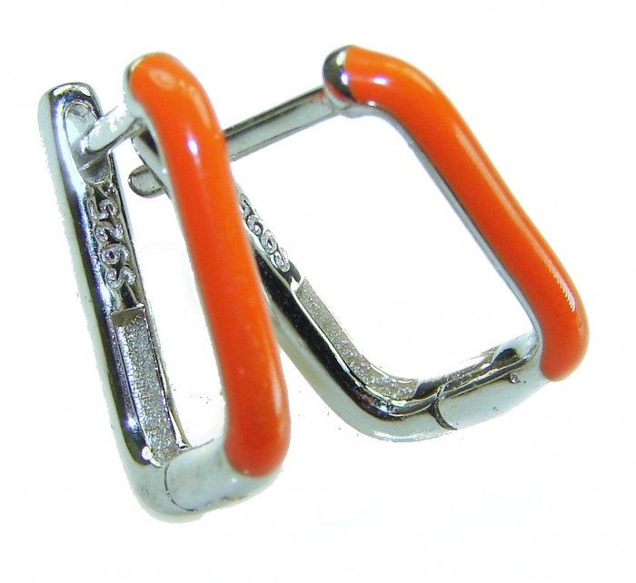 0.5 carat orange enamel .925 Sterling Silver handcrafted earrings - Close-up of orange enamel sterling silver earrings, side angle.