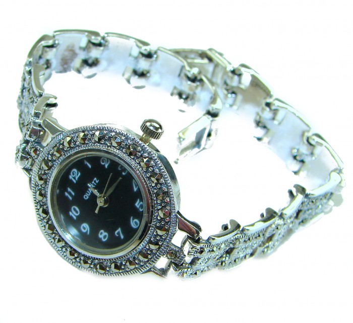 Precious 59.8 carat MARCASITE .925 Sterling Silver handmade Bracelet - Watch - Side view of a marcasite and sterling silver watch with black dial.