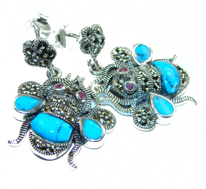 Blue Bees inlay Turquoise Ruby Marcasite .925 Sterling Silver Handcrafted earrings - Close-up of turquoise, ruby, and marcasite bee earrings.