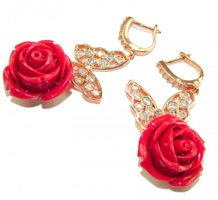 Enchanted Rose Genuine carved Coral 14K Rose Gold over .925 Sterling Silver handcrafted earrings - Red rose coral earrings with crystal leaves, front view detail.