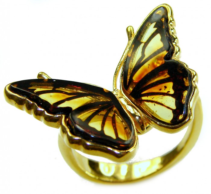 Butterfly Authentic carved Baltic Amber 18K Gold over .925 Sterling Silver handcrafted ring; s. 7 adjustable - Butterfly amber ring, 18K gold, top view, intricate wing details.