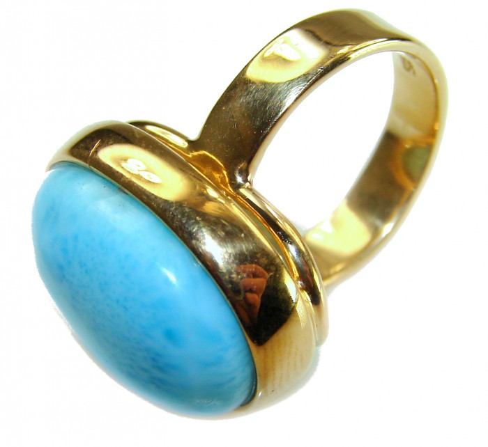 Blue Perfection AAAA QUALITY Blue Larimar 18K Gold over .925 Sterling Silver handmade Large ring size 8 adjustable - Side view of blue Larimar ring in 18K gold setting