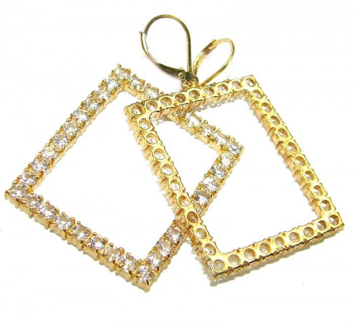 Large Extravaganza White Topaz 18K Gold over .925 Sterling Silver handcrafted Earrings - Gold and white topaz rectangle earrings, 3/4 view against white background.