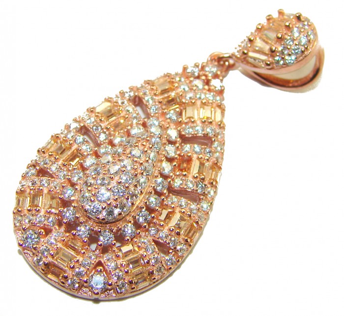 Luxurious pave 5.2 carat White Topaz .925 Sterling Silver dipped in 18K Rose Gold handmade Pendant - Close-up of luxurious pavé white topaz pendant, intricate detailing.