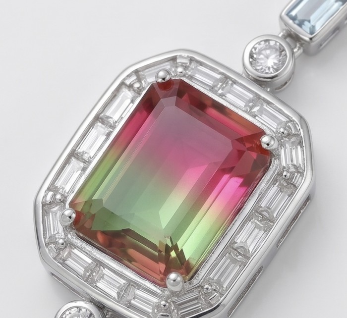 Luxurious 7.5 carat Brazilian Watermelon Tourmaline .925 Sterling Silver Handcrafted Earrings - Watermelon tourmaline stone close-up on luxurious jewelry piece.