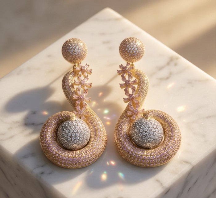Dubai Style - Pure Luxury - pave 10.7 carat Moissanite .925 Sterling Silver dipped in 18K Gold handmade Earrings - Elegant earrings with pave Moissanite, front view on marble surface