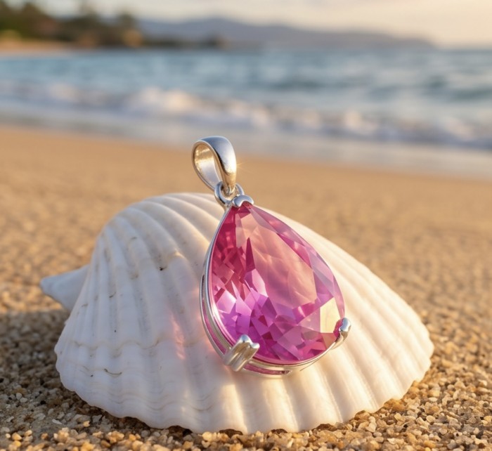 Incredible pear cut 17.8 carat Pink Sapphire .925 Sterling Silver handcrafted pendant - Pink sapphire pendant on shell at beach, front view, close-up.