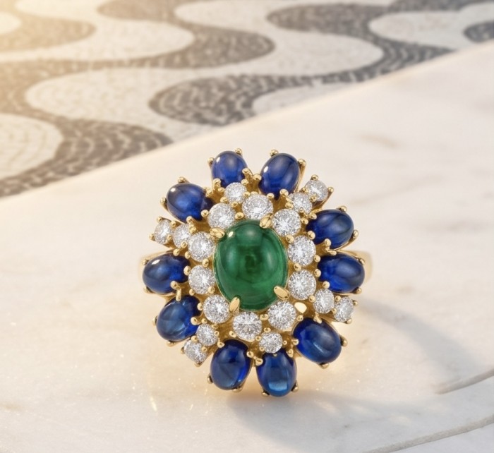 Colombian's Brilliance - emerald cut 4.7 carat Colombian Emerald 18K Gold over .925 Sterling Silver handcrafted Ring s. 6 - Emerald and sapphire ring close-up on a marble surface.