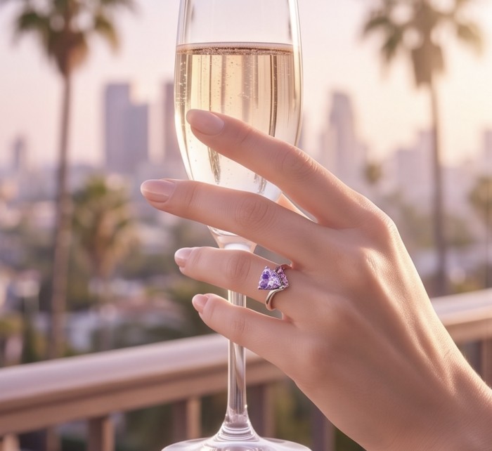 Purple Queen trillion cut 5.2 carat Amethyst .925 Sterling Silver Handcrafted Ring size 9 - Amethyst ring worn on hand, cityscape background with champagne flute.