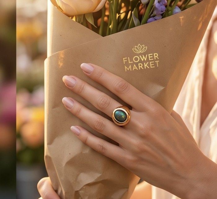 Milky way Genuine 22.2 carat Black Opal 18K Gold over .925 Sterling Silver handmade Ring size 9 - Black Opal ring worn on hand, holding a flower bouquet.