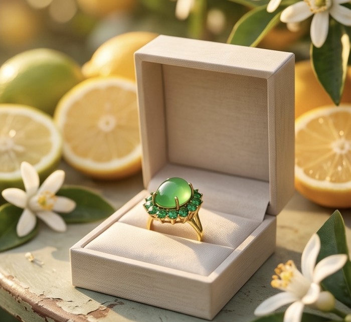 Rare! Fiammetta oval cut 18.2 carat Green Tourmaline Tsavorite Garnet .925 Sterling Silver dipped in 22k Gold entirely handmade Ring size 7 - Green tourmaline ring in box with lemon and flower background, top view.