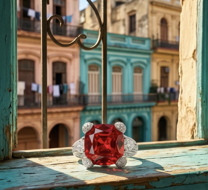 Scarlett 12.7 ctw Mozambique Ruby .925 Sterling Silver handcrafted Statement Ring size 8 - Close-up of Scarlett Mozambique Ruby ring on windowsill, colorful background