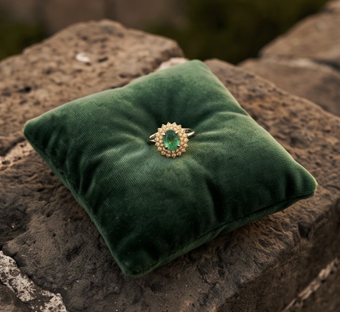 Precious 3.2 CARAT Colombian Emerald 18K Gold over .925 Sterling Silver Statement Ring s. 7 - Emerald ring on green cushion, stone close-up, on stone surface.