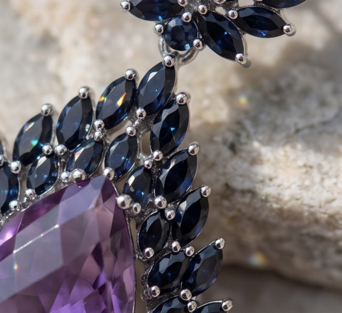 Giuseppina - Authentic 26.5 carat Amethyst Sapphire rhodium over .925 Sterling Silver handcrafted Statement earrings - Close-up of Giuseppina amethyst and sapphire stones on rhodium setting.