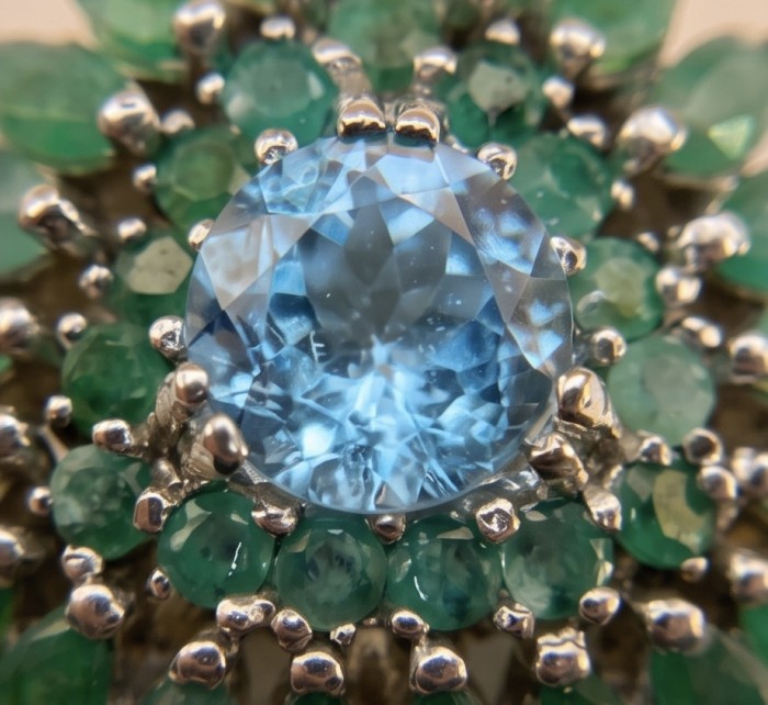 Oceania 12.8 carat Swiss Blue Topaz 18K Gold over .925 Sterling Silver Handcrafted Pendant Brooch - Stone close-up of Oceania Swiss Blue Topaz with green accents.