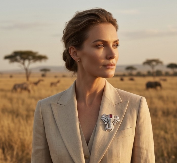 Attract YOUR Luck - ELEPHANT- 5.2 CARAT Ruby .925 Sterling Silver dipped in rhodium handcrafted Pendant Brooch - Woman wearing elephant brooch with 5.2 carat ruby in a savanna setting.