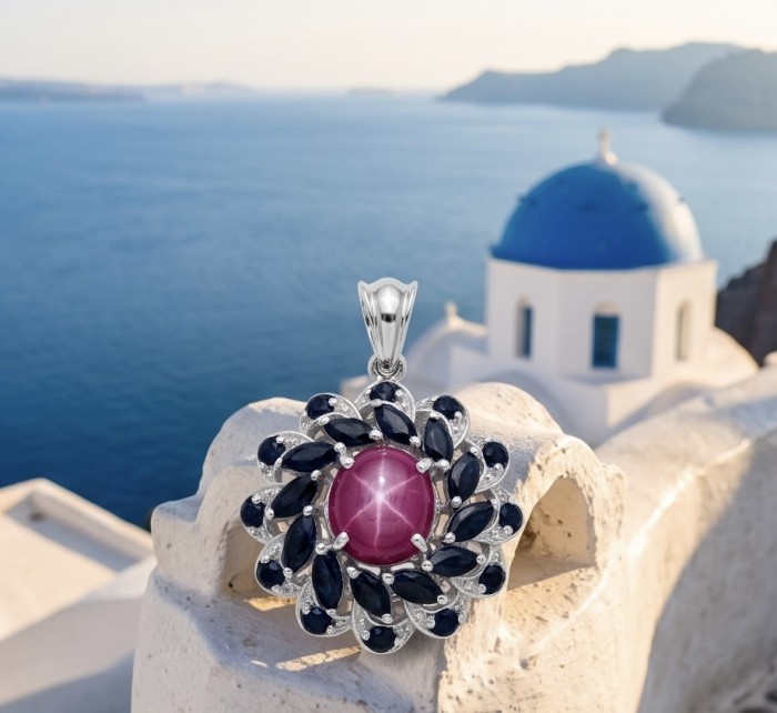 15.2 carat authentic Mozambique Star Ruby rhodium over .925 Sterling Silver handmade Pendant - Star ruby pendant on cliff, Santorini blue sea and dome in background