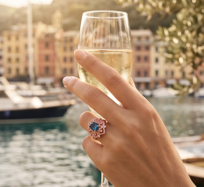 Victorian design 10.8 carat authentic London Blue Topaz 22k Rose Gold over.925 Sterling Silver handmade Statement Ring size 6 1/4 - Worn on hand, Victorian design ring with London Blue Topaz