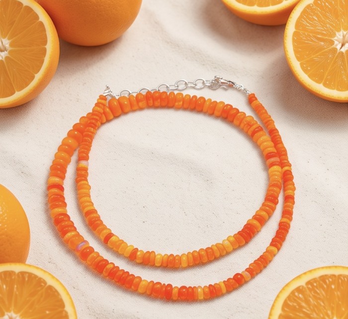 Mystery 11.2 carat Australian Orange Opal .925 Sterling Silver .925 Sterling Silver Statement Necklace - Orange opal necklace with clasp detail, surrounded by oranges.