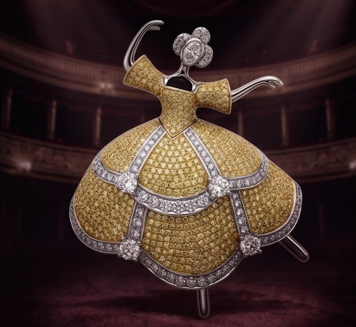 Ballerina - Precious pave 4.9 carat Moissanite 18K Gold rhodium over .925 Sterling Silver handmade Pendant - Brooch - Ballerina brooch front view, 4.9 carat Moissanite, 18K gold and rhodium.